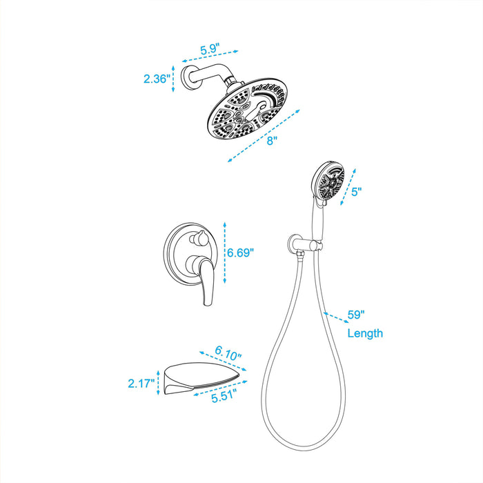 2-Handle 9-Spray Patterns Shower Faucet and Handheld Combo with 8" Round Shower Head Rainfall Shower System