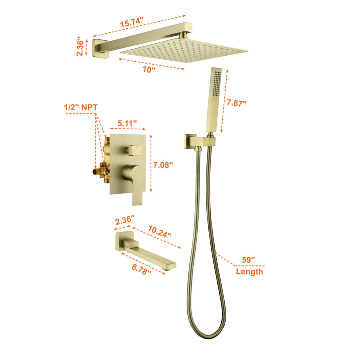 10-in Brushed Gold 1-Spray Built-In Shower System with Faucet