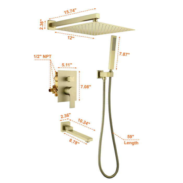 12-in Brushed Gold 1-Spray Built-In Shower System with Faucet