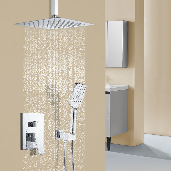 12" Stainless Steel Ceiling Mount Bathroom Ultra-Luxury High Pressure Rainfall Shower Head with Handheld Shower Faucet Combo with Push-Button Flow Control
