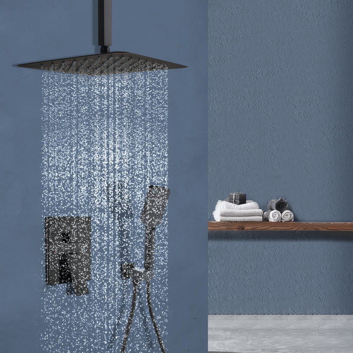 12" Stainless Steel Ceiling Mount Bathroom Ultra-Luxury High Pressure Rainfall Shower Head with Handheld Shower Faucet Combo with Push-Button Flow Control