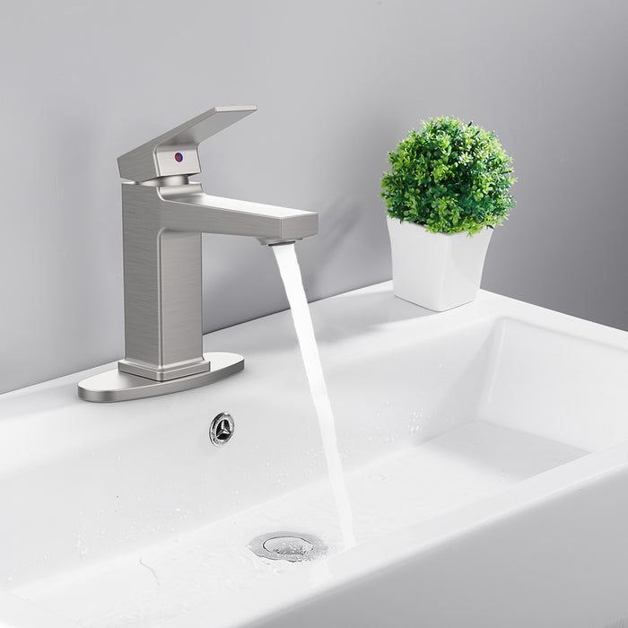 Brushed Nickel Single Handle Bathroom Faucet with Deck For 1 or 3 Holes,Laundry Vanity Sink Faucet with Two 9/16" Hoses