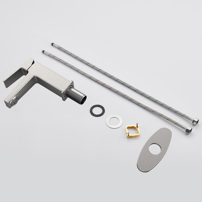 Brushed Nickel Single Handle Bathroom Faucet with Deck For 1 or 3 Holes,Laundry Vanity Sink Faucet with Two 9/16" Hoses