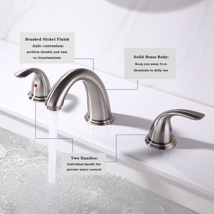 Brushed Nickel 8-Inch Widespread Bathroom Faucet, Waterfall Bathroom Faucets for Sink 3 Hole, 2-Handles Modern Vanity Faucet with Pop Up Drain Assembly and Lead-Free Supply Hose