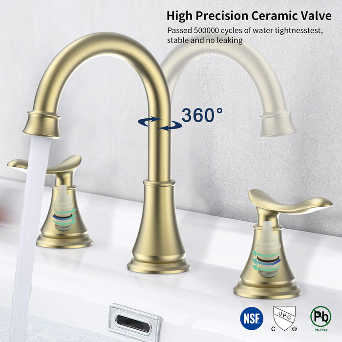 2-Handle 8 inch Widespread Bathroom Sink Faucet Lavatory Faucet 3 Hole 360° Swivel Spout Vanity Sink Basin Faucets with Pop Up Drain Assembly and cUPC Water Supply Hoses