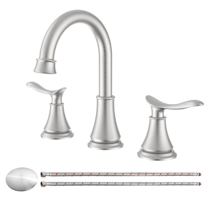 2-Handle 8 inch Widespread Bathroom Sink Faucet Lavatory Faucet 3 Hole 360° Swivel Spout Vanity Sink Basin Faucets with Pop Up Drain Assembly and cUPC Water Supply Hoses