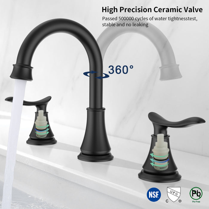 2-Handle 8 inch Widespread Bathroom Sink Faucet Lavatory Faucet 3 Hole 360° Swivel Spout Vanity Sink Basin Faucets with Pop Up Drain Assembly and cUPC Water Supply Hoses