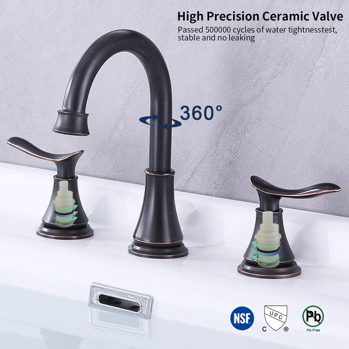 2-Handle 8 inch Widespread Bathroom Sink Faucet Lavatory Faucet 3 Hole 360° Swivel Spout Vanity Sink Basin Faucets with Pop Up Drain Assembly and cUPC Water Supply Hoses