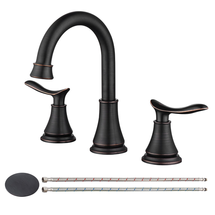 2-Handle 8 inch Widespread Bathroom Sink Faucet Lavatory Faucet 3 Hole 360° Swivel Spout Vanity Sink Basin Faucets with Pop Up Drain Assembly and cUPC Water Supply Hoses