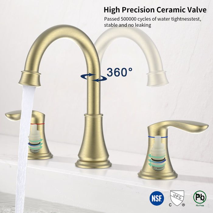 2-Handle 8 inch Widespread Bathroom Sink Faucet Lavatory Faucet 3 Hole 360° Swivel Spout Vanity Sink Basin Faucets with Pop Up Drain Assembly and cUPC Water Supply Hoses