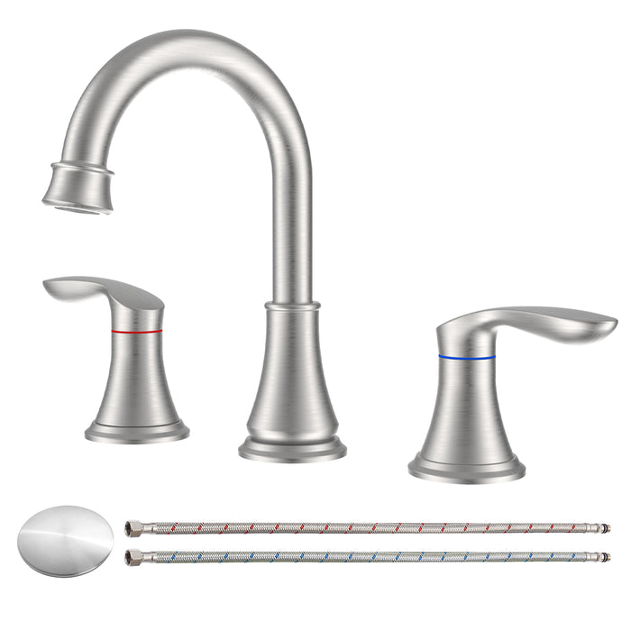 2-Handle 8 inch Widespread Bathroom Sink Faucet Lavatory Faucet 3 Hole 360° Swivel Spout Vanity Sink Basin Faucets with Pop Up Drain Assembly and cUPC Water Supply Hoses