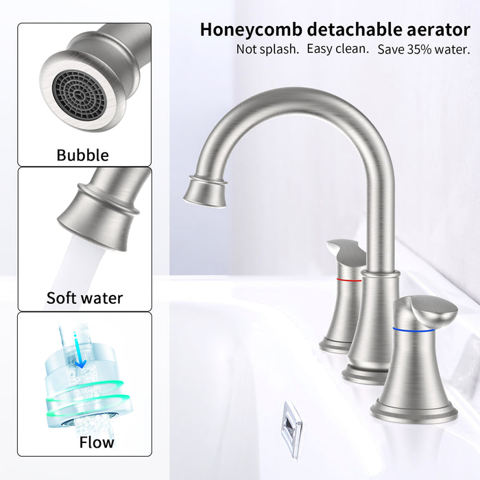 2-Handle 8 inch Widespread Bathroom Sink Faucet Lavatory Faucet 3 Hole 360° Swivel Spout Vanity Sink Basin Faucets with Pop Up Drain Assembly and cUPC Water Supply Hoses