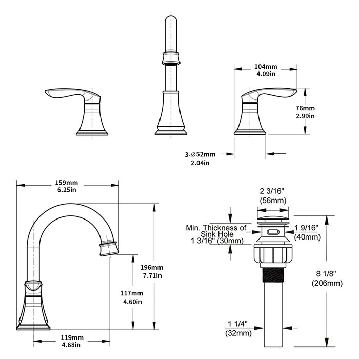 2-Handle 8 inch Widespread Bathroom Sink Faucet Lavatory Faucet 3 Hole 360° Swivel Spout Vanity Sink Basin Faucets with Pop Up Drain Assembly and cUPC Water Supply Hoses