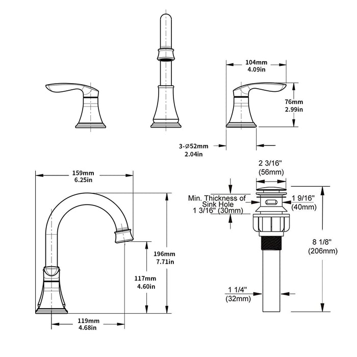 2-Handle 8 inch Widespread Bathroom Sink Faucet Lavatory Faucet 3 Hole 360° Swivel Spout Vanity Sink Basin Faucets with Pop Up Drain Assembly and cUPC Water Supply Hoses