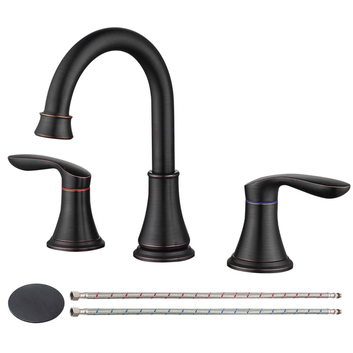2-Handle 8 inch Widespread Bathroom Sink Faucet Lavatory Faucet 3 Hole 360° Swivel Spout Vanity Sink Basin Faucets with Pop Up Drain Assembly and cUPC Water Supply Hoses