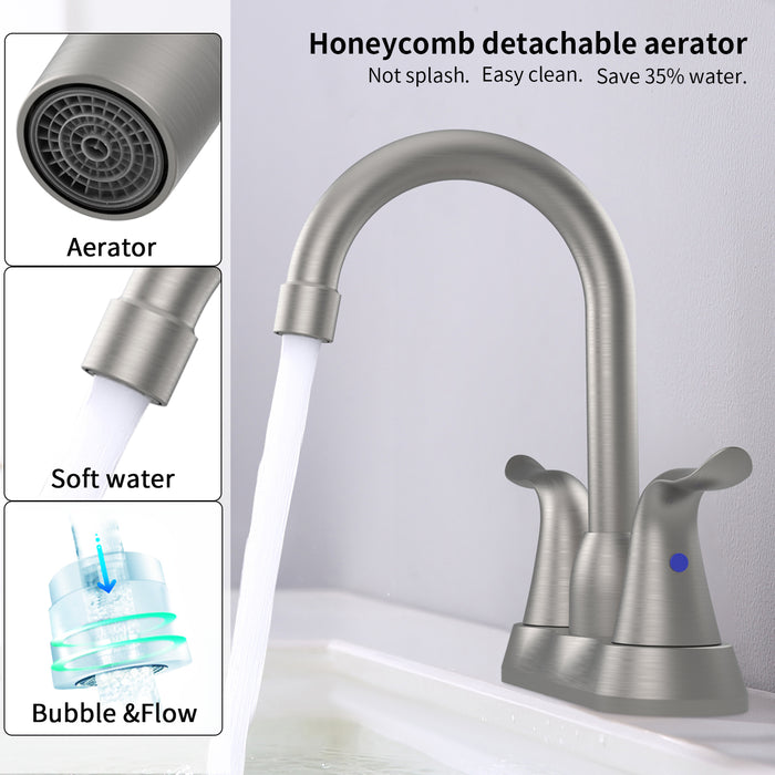 2-Handle 4-Inch Brushed Nickel Bathroom Faucet, Bathroom Vanity Sink Faucets with Pop-up Drain and Supply Hoses