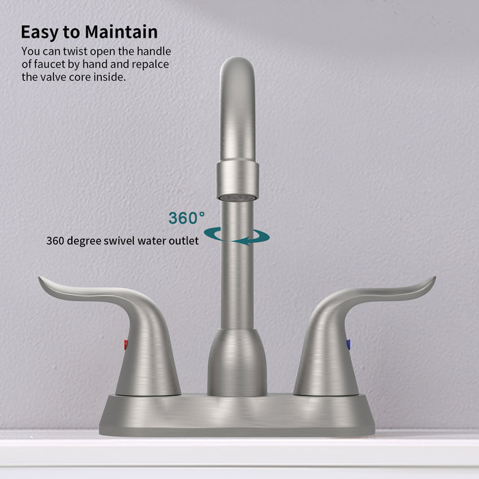 2-Handle 4-Inch Brushed Nickel Bathroom Faucet, Bathroom Vanity Sink Faucets with Pop-up Drain and Supply Hoses
