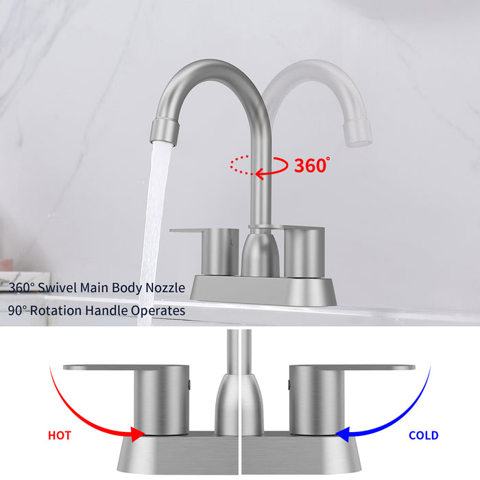 Bathroom Faucet 2-Handle Bathroom Sink Faucet 360 Degree High Arc Swivel Spout Centerset 4 Inch Vanity Faucet RV Bathroom Faucet 2/3 Holes Lavatory Faucet
