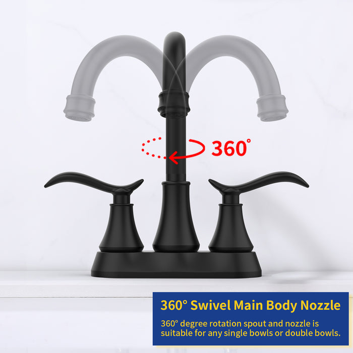 Bathroom Faucet with Pop-up Drain & Supply Hoses 2-Handle 360 Degree High Arc Swivel Spout Centerset 4 Inch Vanity Sink Faucet