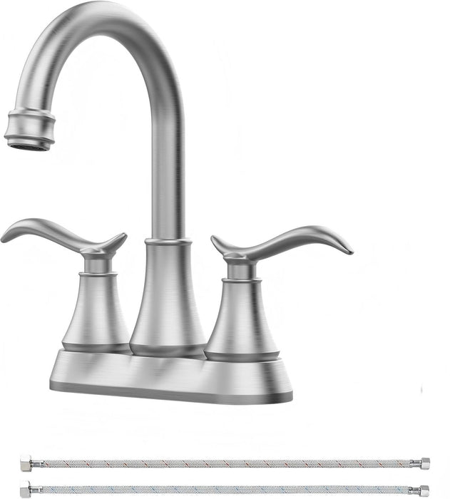 Bathroom Faucet with Pop-up Drain & Supply Hoses 2-Handle 360 Degree High Arc Swivel Spout Centerset 4 Inch Vanity Sink Faucet