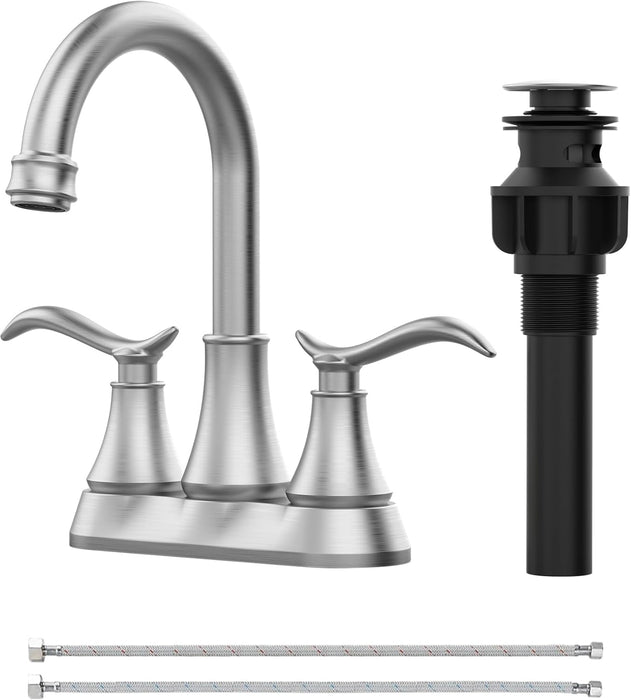 Bathroom Faucet with Pop-up Drain & Supply Hoses 2-Handle 360 Degree High Arc Swivel Spout Centerset 4 Inch Vanity Sink Faucet