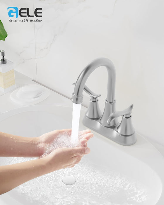 Bathroom Faucet with Pop-up Drain & Supply Hoses 2-Handle 360 Degree High Arc Swivel Spout Centerset 4 Inch Vanity Sink Faucet