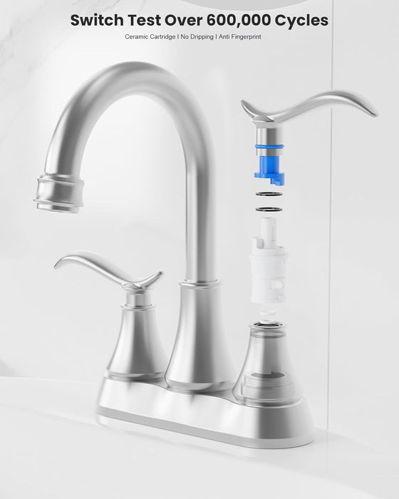 Bathroom Faucet with Pop-up Drain & Supply Hoses 2-Handle 360 Degree High Arc Swivel Spout Centerset 4 Inch Vanity Sink Faucet
