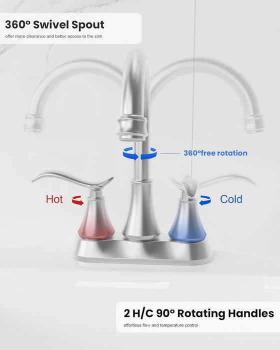 Bathroom Faucet with Pop-up Drain & Supply Hoses 2-Handle 360 Degree High Arc Swivel Spout Centerset 4 Inch Vanity Sink Faucet