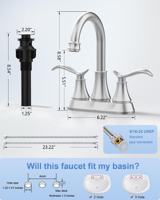 Bathroom Faucet with Pop-up Drain & Supply Hoses 2-Handle 360 Degree High Arc Swivel Spout Centerset 4 Inch Vanity Sink Faucet