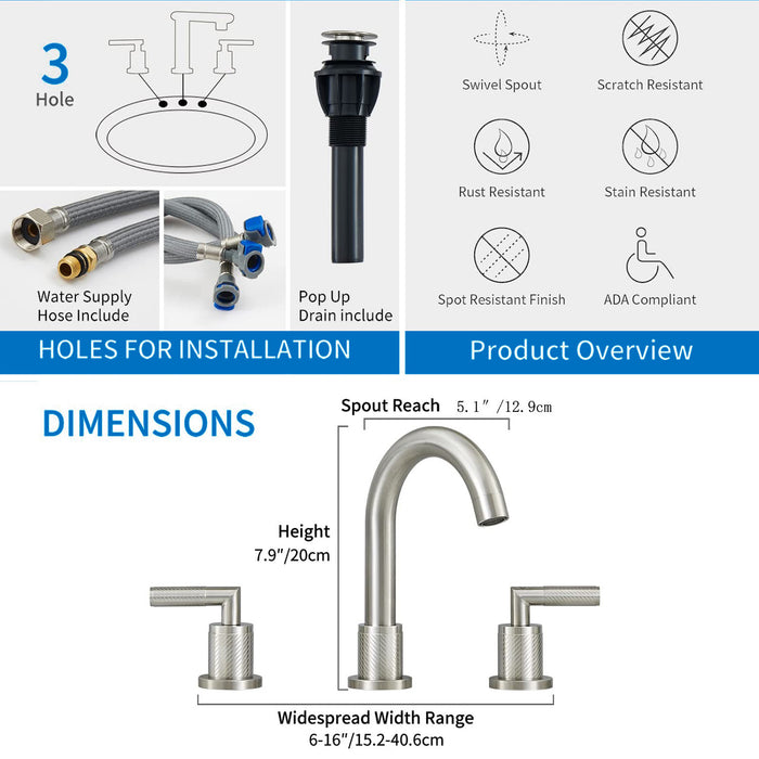 Bathroom Faucet 2 Handle Bathroom Sink Faucet 8 inch Widespread 3 Hole 360° Swivel Spout Modern Sink Basin Faucets