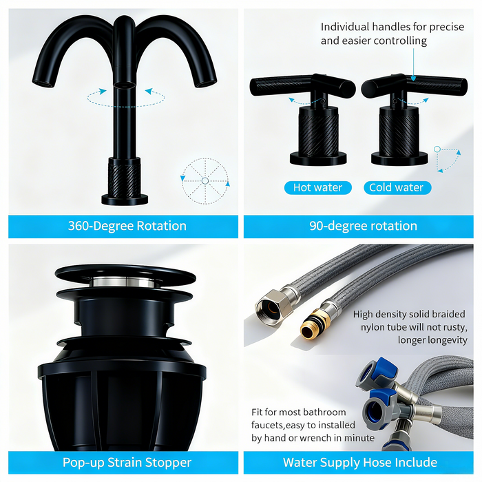 Bathroom Faucet 2 Handle Bathroom Sink Faucet 8 inch Widespread 3 Hole 360° Swivel Spout Modern Sink Basin Faucets