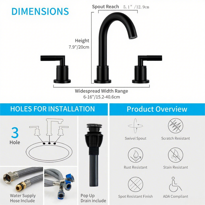 Bathroom Faucet 2 Handle Bathroom Sink Faucet 8 inch Widespread 3 Hole 360° Swivel Spout Modern Sink Basin Faucets