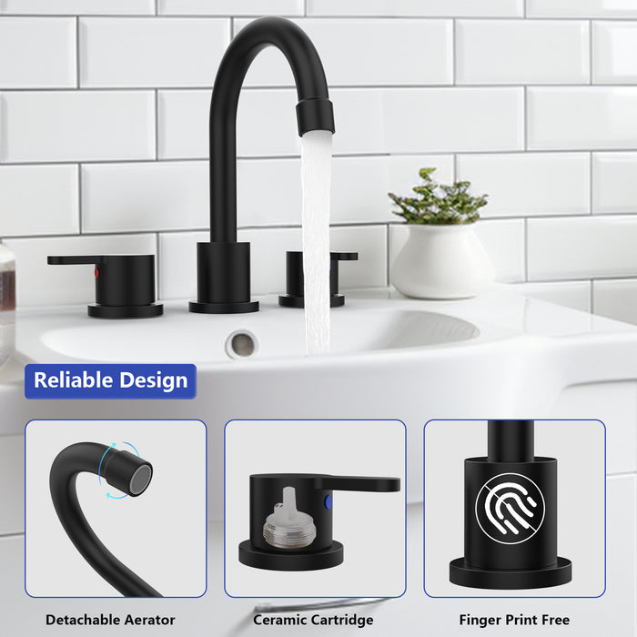 Widespread Bathroom Sink Faucet 2 Handle 3 Hole 360°Swivel Spout Vanity Sink with Pop Up Drain Assembly