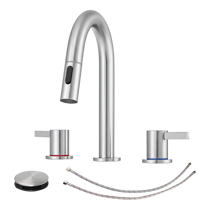8-Inch Widespread Lavatory Faucet, 2-Handle 3-Hole with Pop-Up Drain and 360° Pull-Down Sprayer