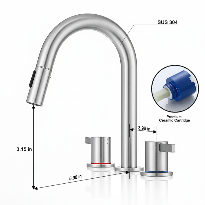 8-Inch Widespread Lavatory Faucet, 2-Handle 3-Hole with Pop-Up Drain and 360° Pull-Down Sprayer