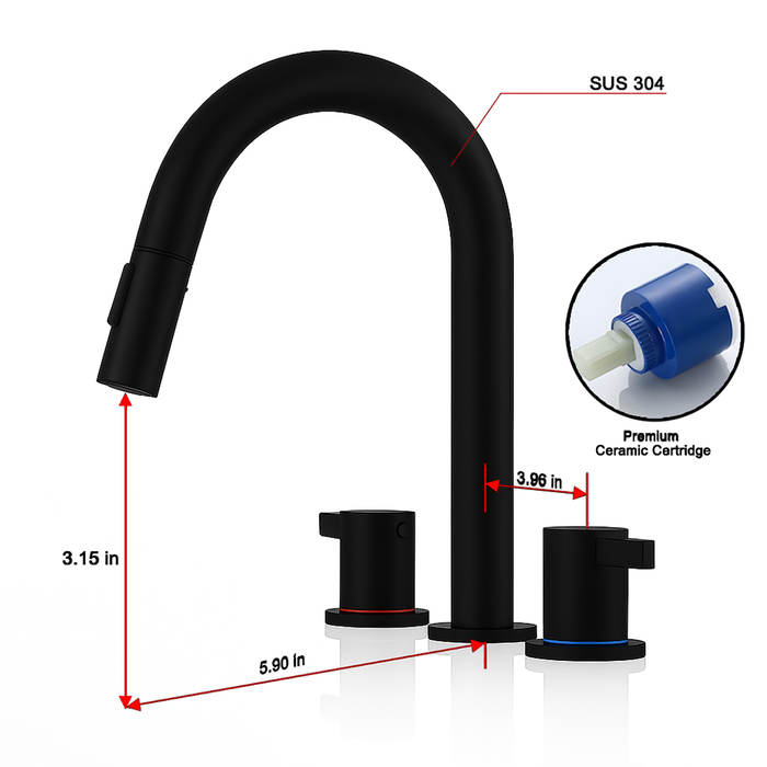 8-Inch Widespread Lavatory Faucet, 2-Handle 3-Hole with Pop-Up Drain and 360° Pull-Down Sprayer