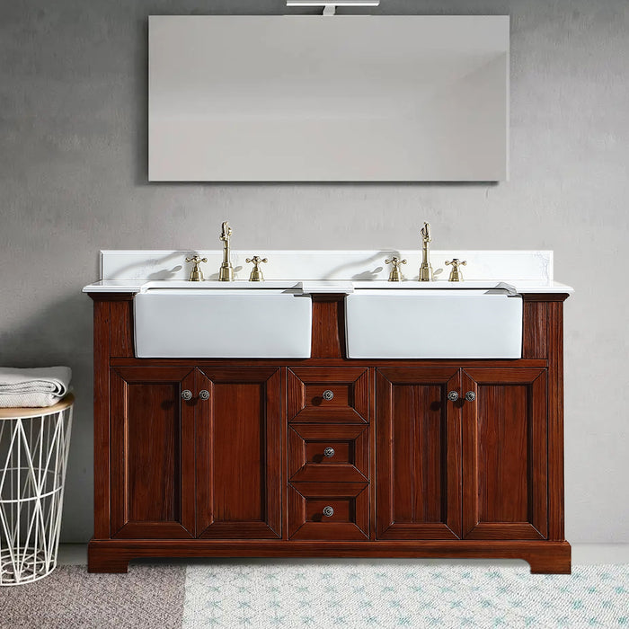 Brown 60 in. W x 22 in. D x 35 in. H Double Sink Bathroom Vanity With Quartz Stone Top Solid Wood Bathroom Vanity