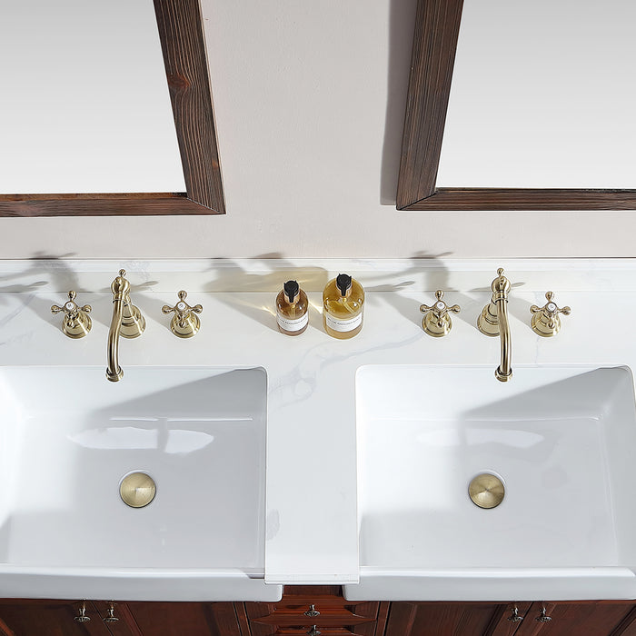 Brown 60 in. W x 22 in. D x 35 in. H Double Sink Bathroom Vanity With Quartz Stone Top Solid Wood Bathroom Vanity