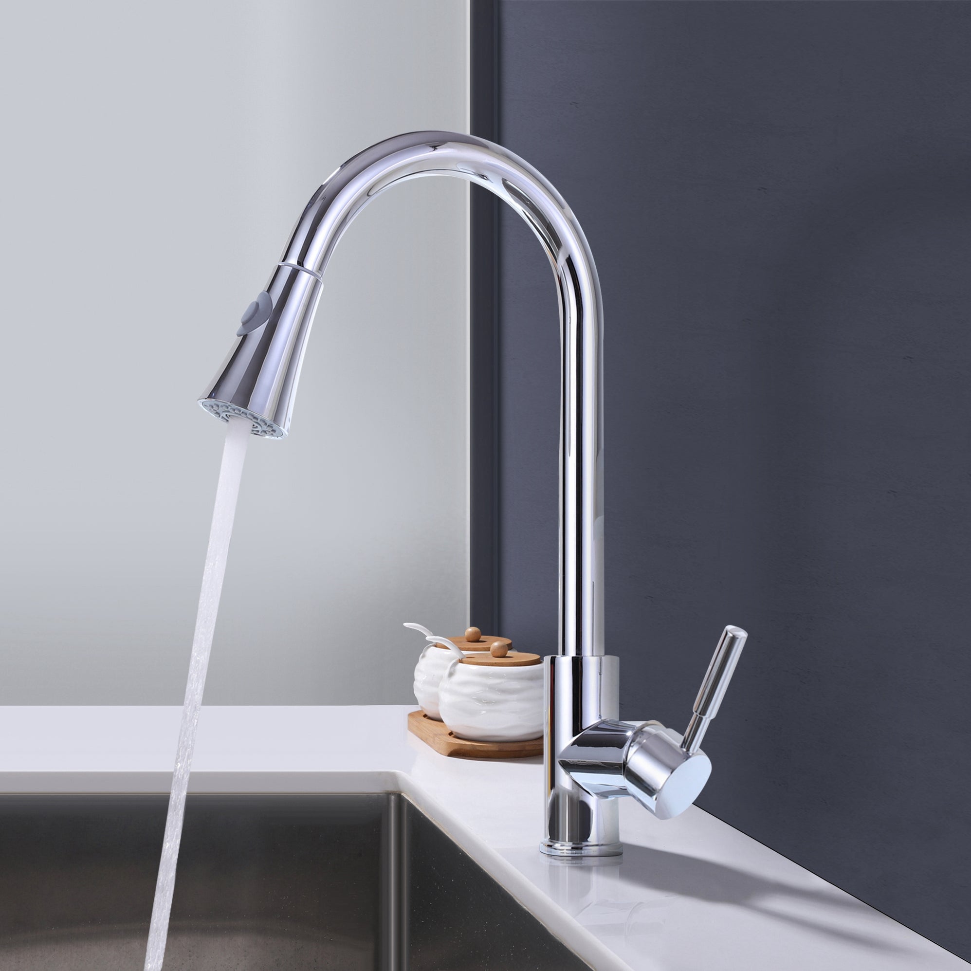 Single-Handle Stainless Kitchen Faucet with Pull Down Sprayer — TopCraft