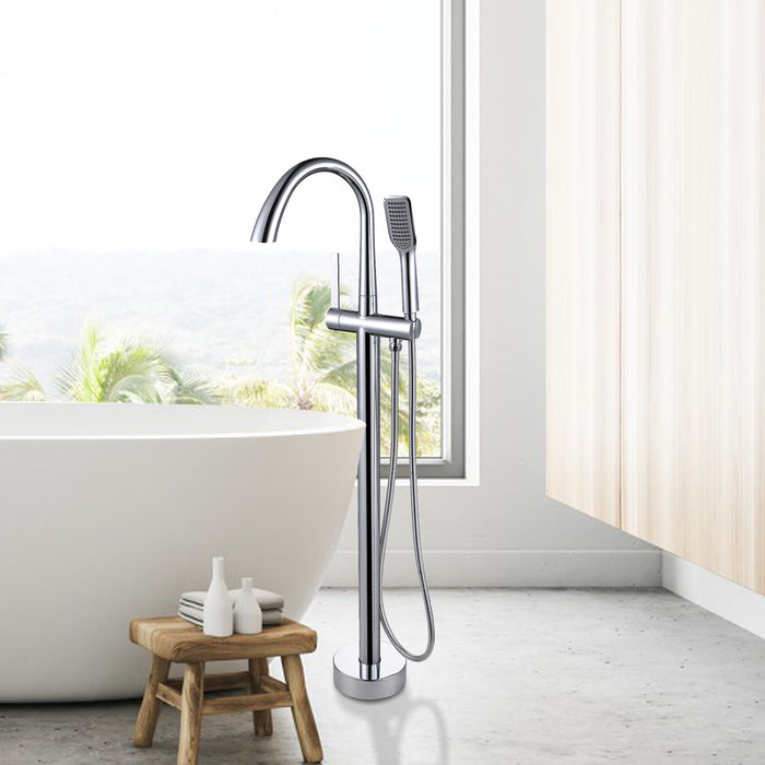 Single Handle Lever Floor Mount Bathtub Faucet with Hand Shower