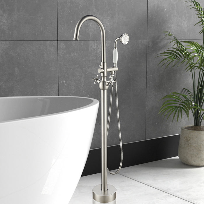 Double Handle Floor Mount Bathtub Faucet with Handheld Shower