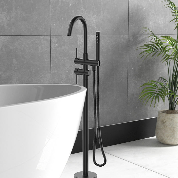 Floor Mount Tub Filler Double Handle Freestanding Bathtub Faucet with Hand Shower