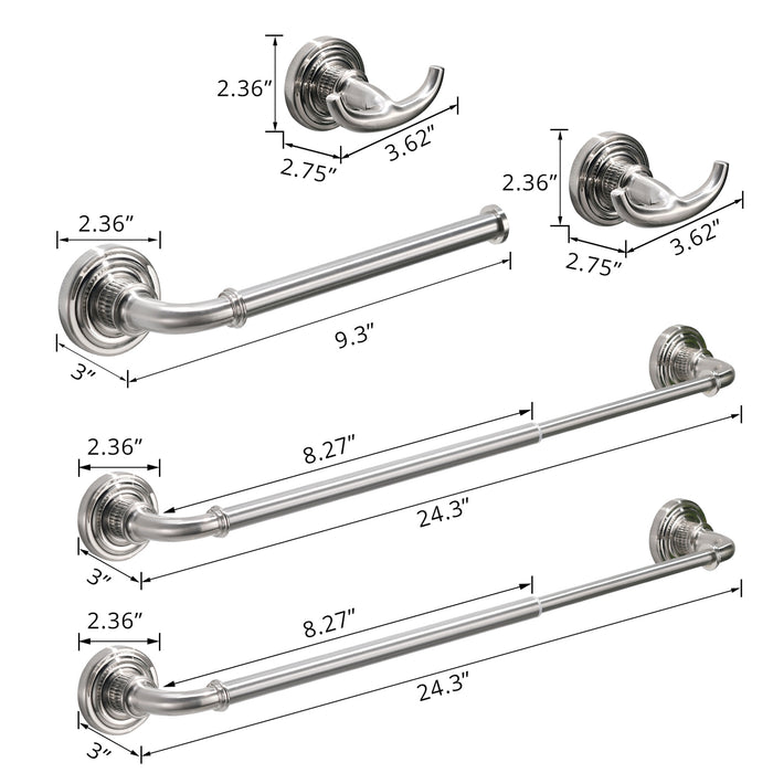 Modern Stainless Steel 5-Piece Bath Hardware Set with Towel Bars Toilet Paper Holder Robe Hook