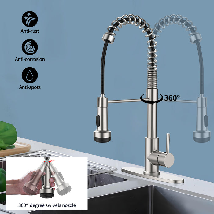 Kitchen Faucet with Pull Down Sprayer and 4 Spraying Modes Single Handle Commercial Spring Kitchen Sink Faucet