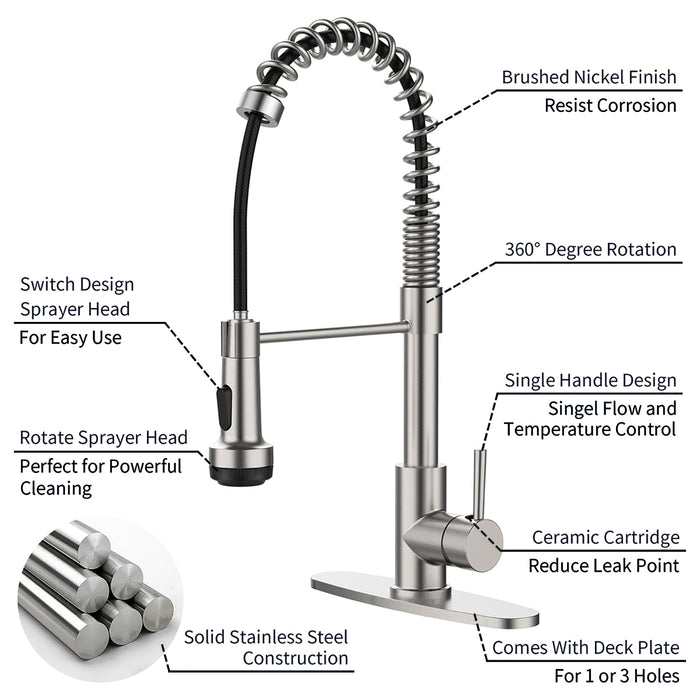 Kitchen Faucet with Pull Down Sprayer and 4 Spraying Modes Single Handle Commercial Spring Kitchen Sink Faucet