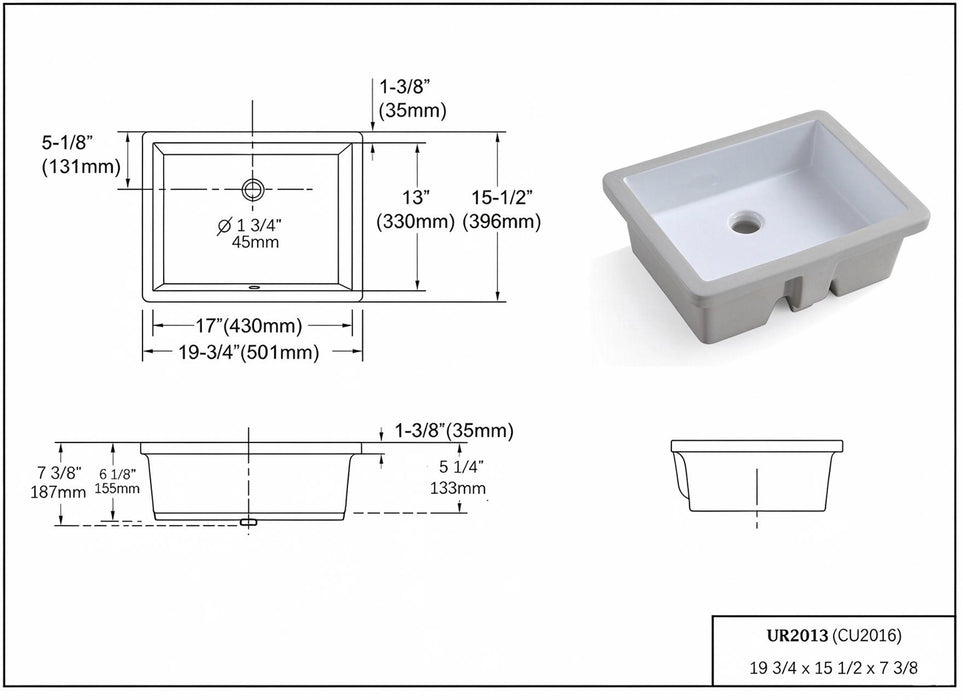 19.63" L x 15.75" W Undermount Bathroom Sink Basin in White Ceramic