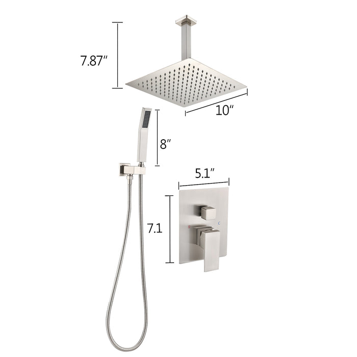 1-Spray Patterns 10 in. Ceiling Mount Dual Fixed and Handheld Shower Head with 2.5 GPM in Brushed Nickel
