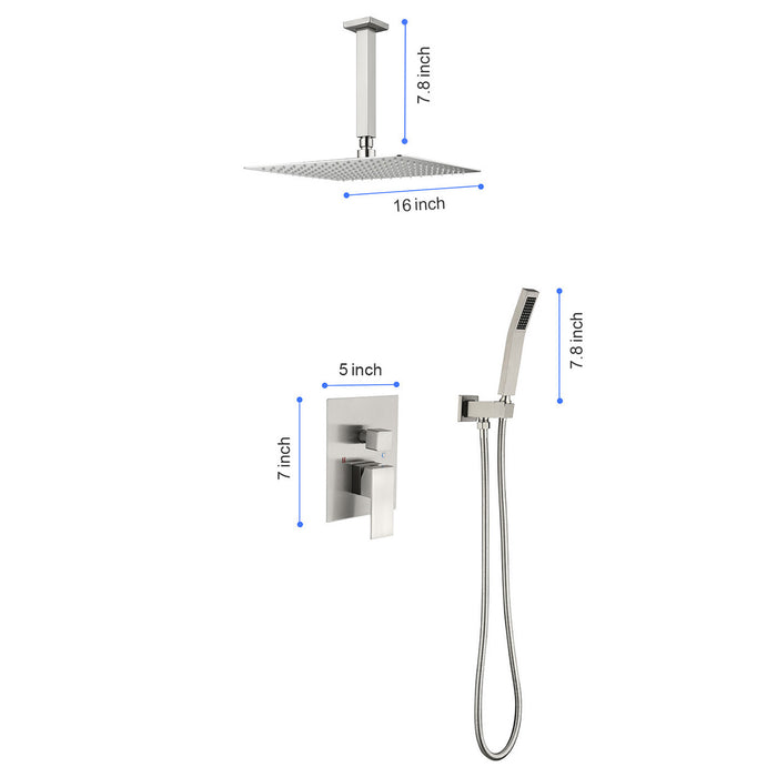 1-Spray Patterns 16 in. Ceiling Mount Dual Fixed and Handheld Shower Head 2.5 GPM