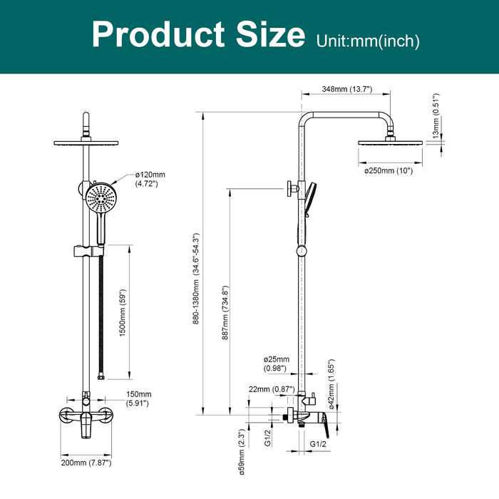 Topcraft Wall-Mounted 10-Inch Rain Shower System with Handheld Faucet