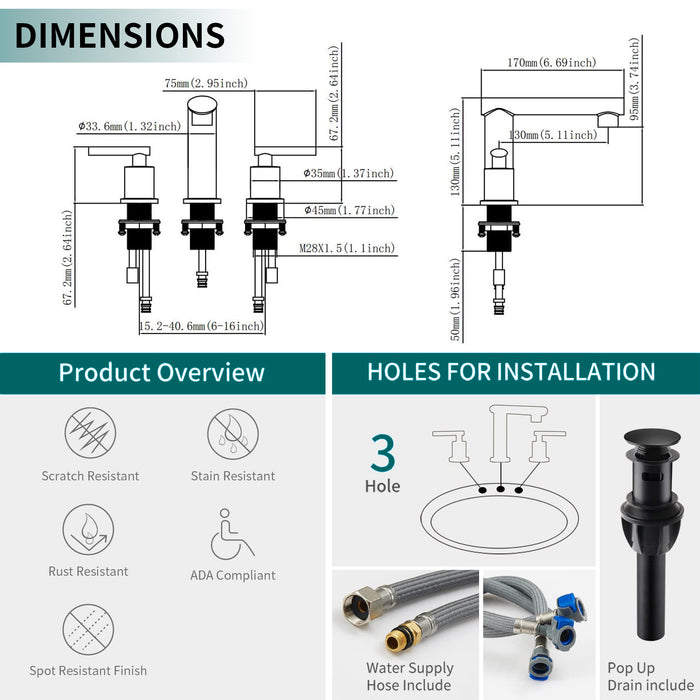 Matte Black Widespread Bathroom Faucet, Waterfall Bathroom Faucets for Sink 3 Hole, 2-Handles Modern Vanity Faucet with Pop Up Drain Assembly and Lead-Free Supply Hose